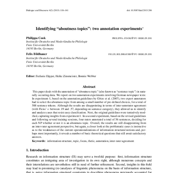 Identifying "aboutness topics": two annotation experiments - ACL Anthology