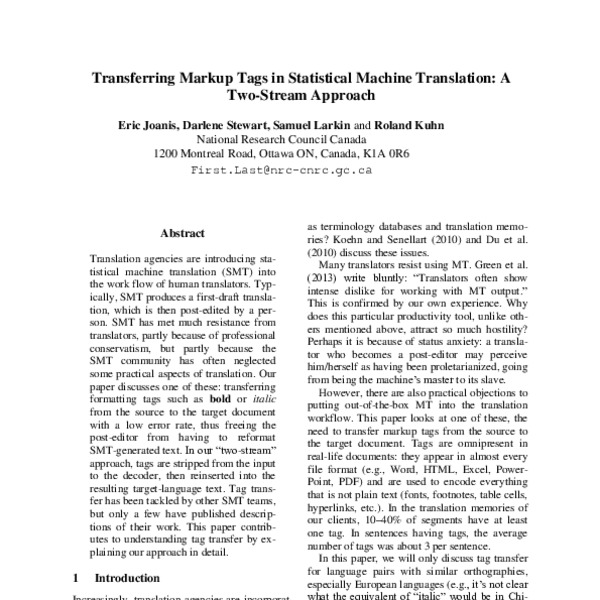 Transferring markup tags in statistical machine translation: a two ...