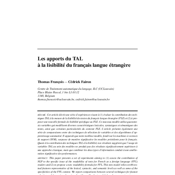 Les apports du TAL à la lisibilité du français langue étrangère ...