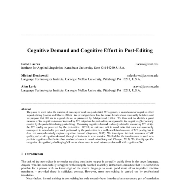 Cognitive demand and cognitive effort in post-editing - ACL Anthology