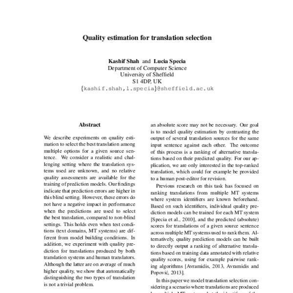Quality estimation for translation selection - ACL Anthology
