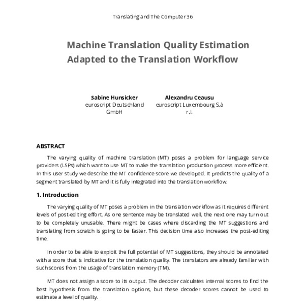 Machine translation quality estimation adapted to the translation ...