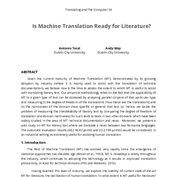 Is machine translation ready for literature - ACL Anthology