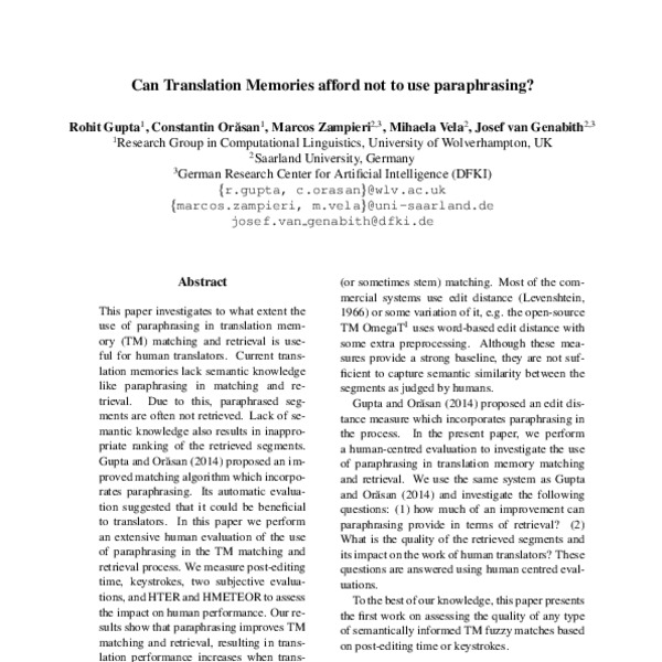 Can Translation Memories Afford Not To Use Paraphrasing ACL Anthology