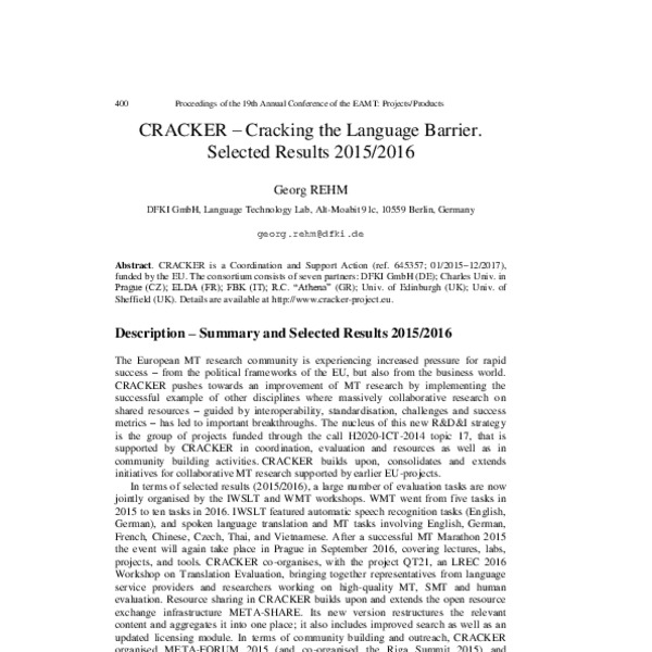 CRACKER – cracking the language barrier. Selected results 2015/2016 ...