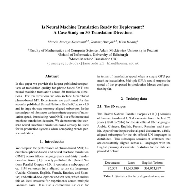 Is Neural Machine Translation Ready for Deployment? A Case Study on 30 ...