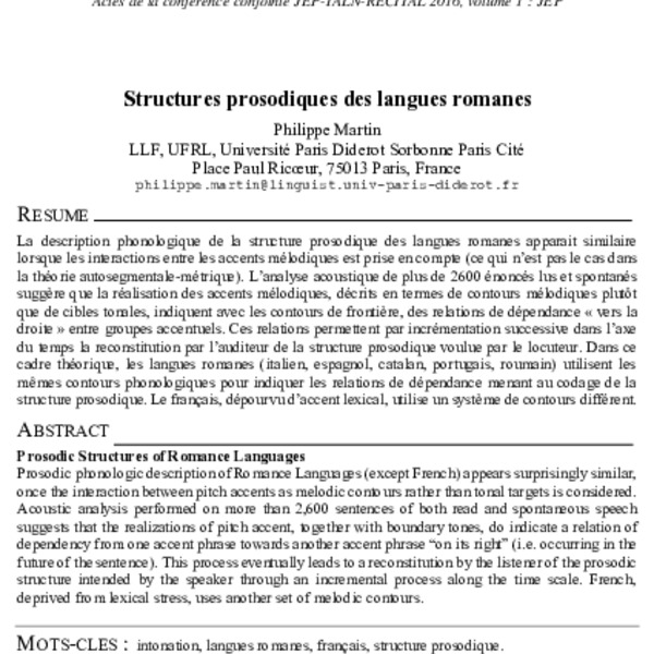 Structure prosodique des langues romanes (Prosodic Structures of ...