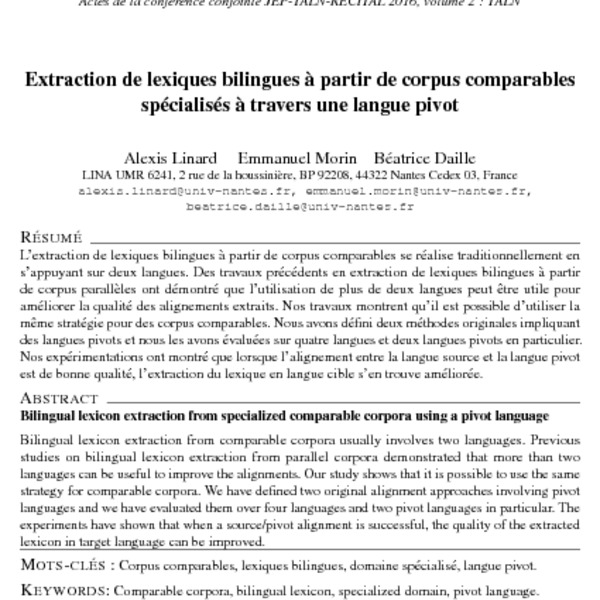 Extraction de lexiques bilingues \u00e0 partir de corpus comparables ...