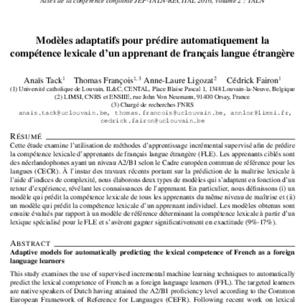 Modèles adaptatifs pour prédire automatiquement la compétence lexicale ...