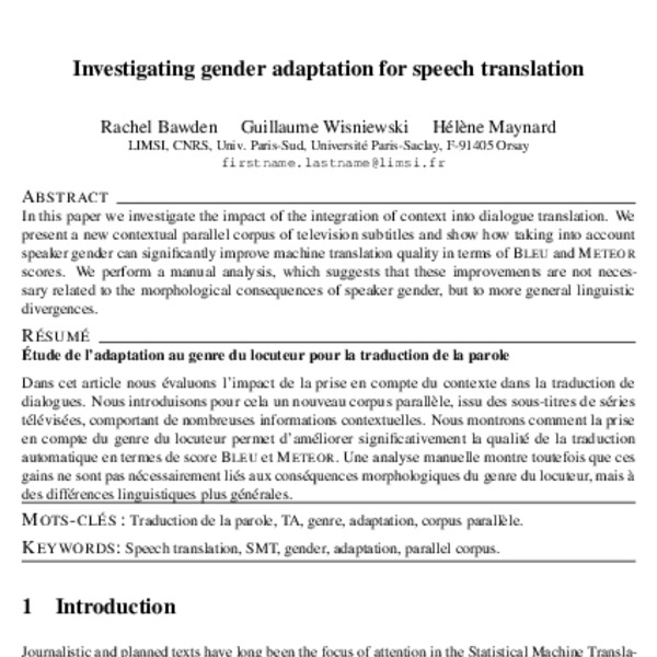 Investigating gender adaptation for speech translation - ACL Anthology