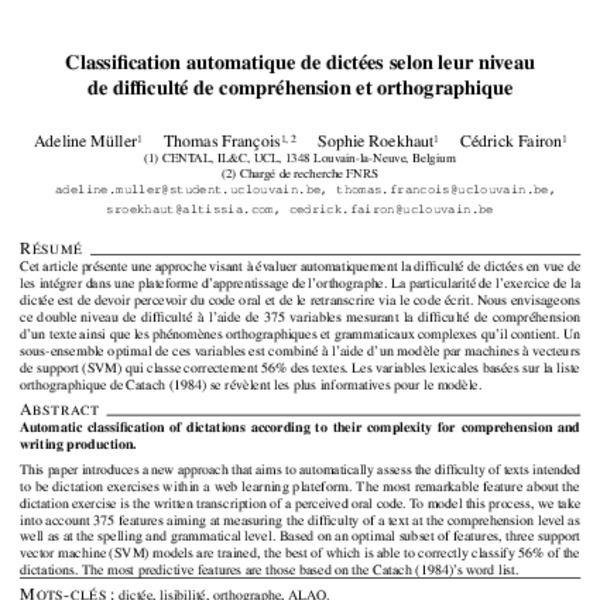 Classification Automatique De Dict es Selon Leur Niveau De Difficult 
