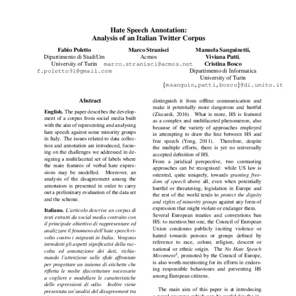 Hate Speech Annotation: Analysis of an Italian Twitter Corpus - ACL ...