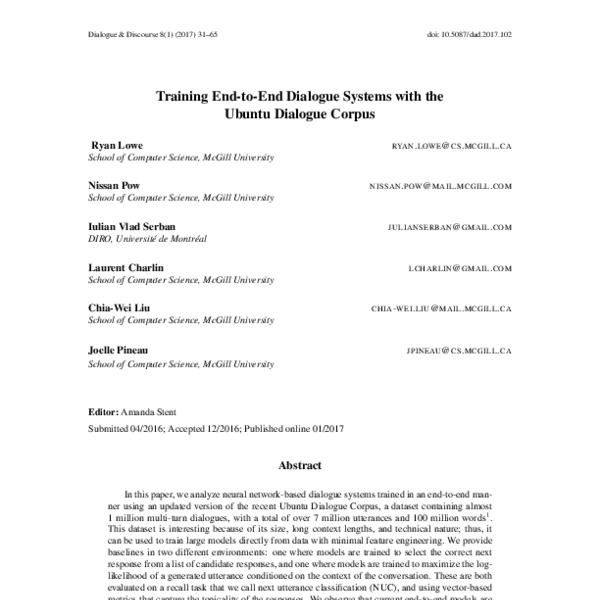 Training End-to-End Dialogue Systems with the Ubuntu Dialogue Corpus ...