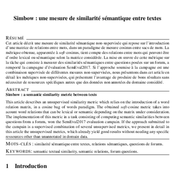 Simbow : une mesure de similarité sémantique entre textes (Simbow : a ...