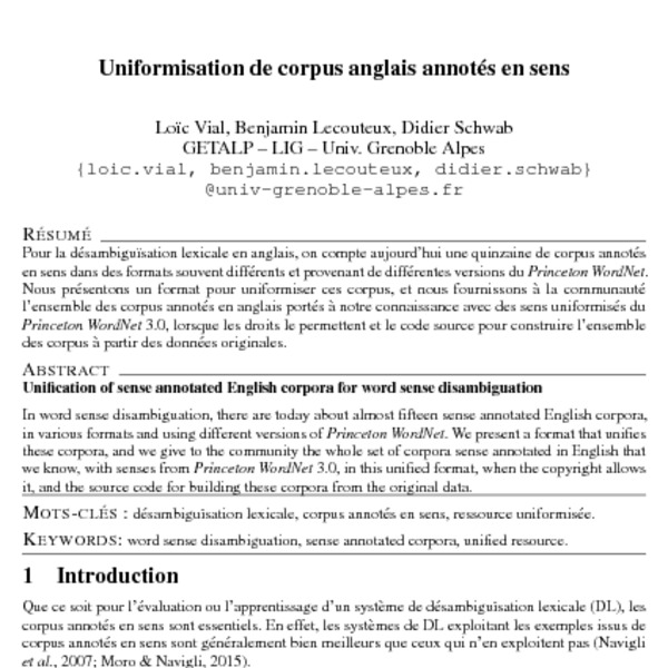 Uniformisation de corpus anglais annotés en sens Unification of sense annotated English corpora