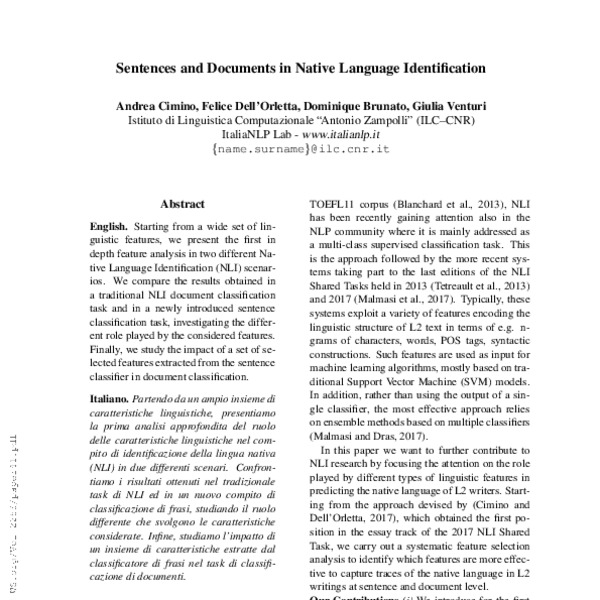 Sentences and Documents in Native Language Identification - ACL Anthology