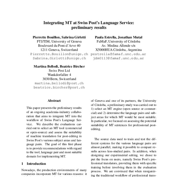 Integrating MT at Swiss Post s Language Service preliminary