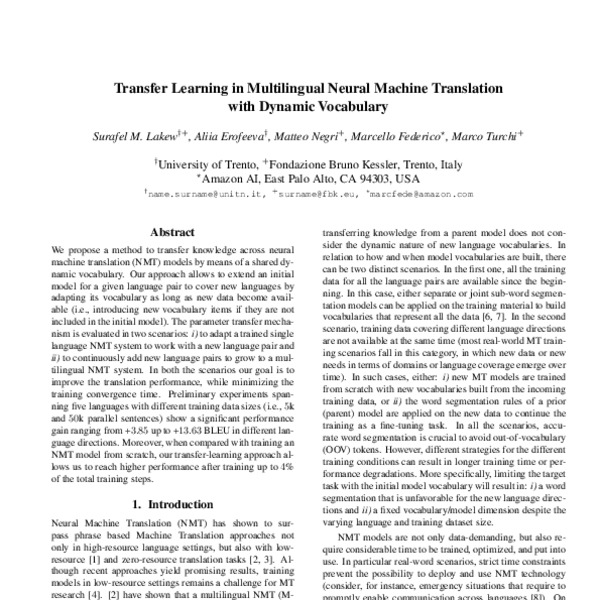 Transfer Learning in Multilingual Neural Machine Translation with ...