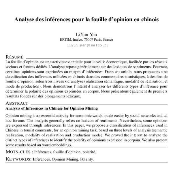 Analysis of Inferences in Chinese for Opinion Mining - ACL Anthology