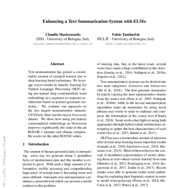 Enhancing a Text Summarization System with ELMo - ACL Anthology
