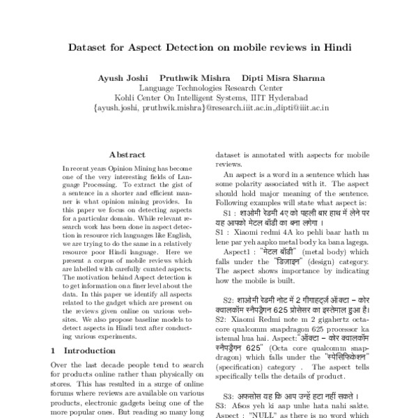 Dataset for Aspect Detection on Mobile reviews in Hindi ACL Anthology