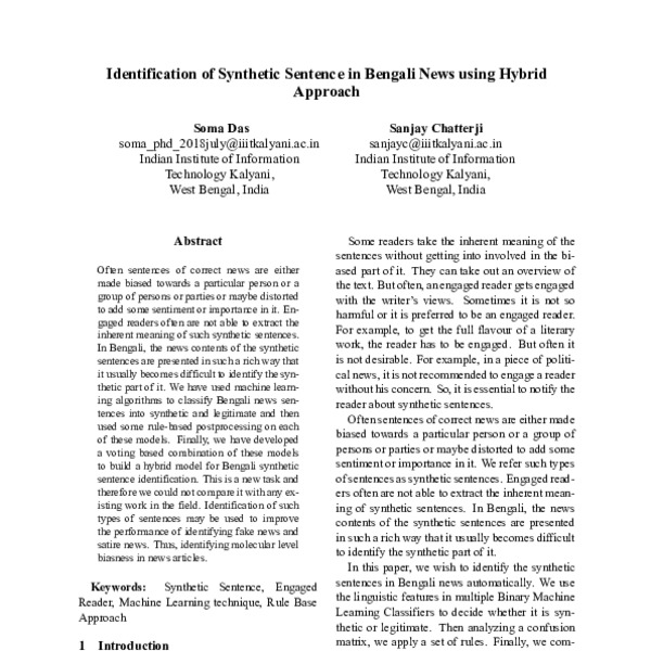 Identification of Synthetic Sentence in Bengali News using Hybrid ...