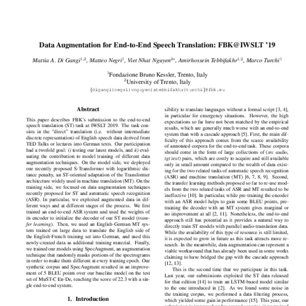 Data Augmentation for End-to-End Speech Translation: FBK@IWSLT ‘19 ...