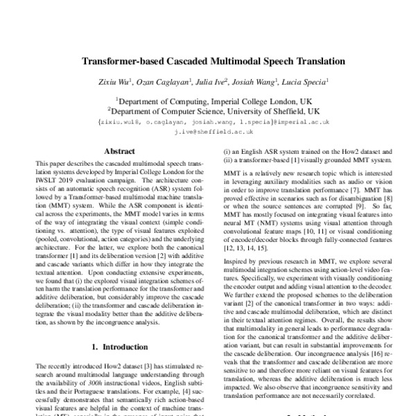 Transformer-based Cascaded Multimodal Speech Translation - ACL Anthology