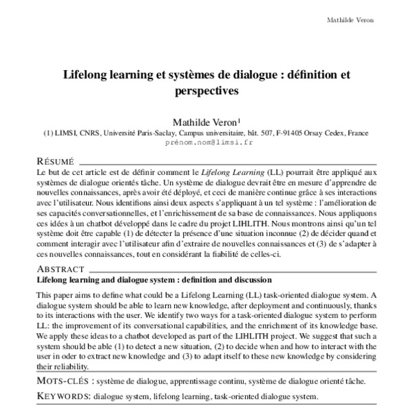 Lifelong learning et systèmes de dialogue : définition et perspectives ...