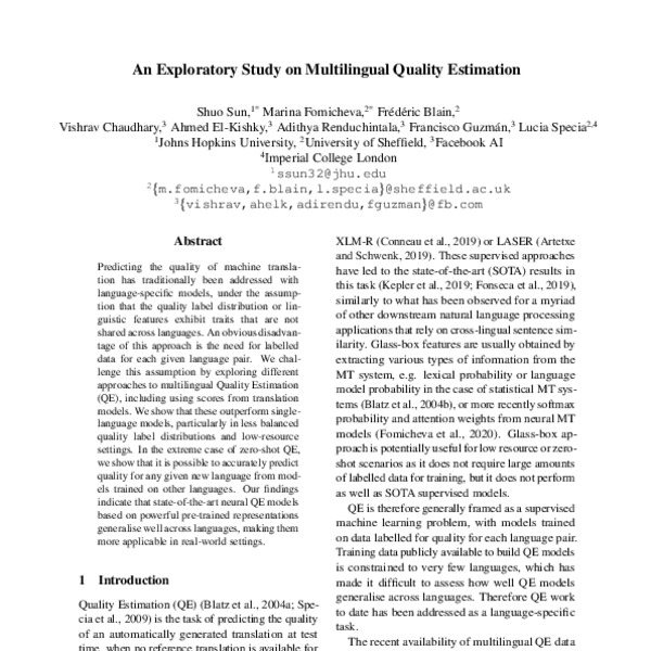 An Exploratory Study on Multilingual Quality Estimation - ACL Anthology