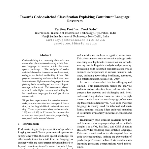 Towards Code-switched Classification Exploiting Constituent Language ...