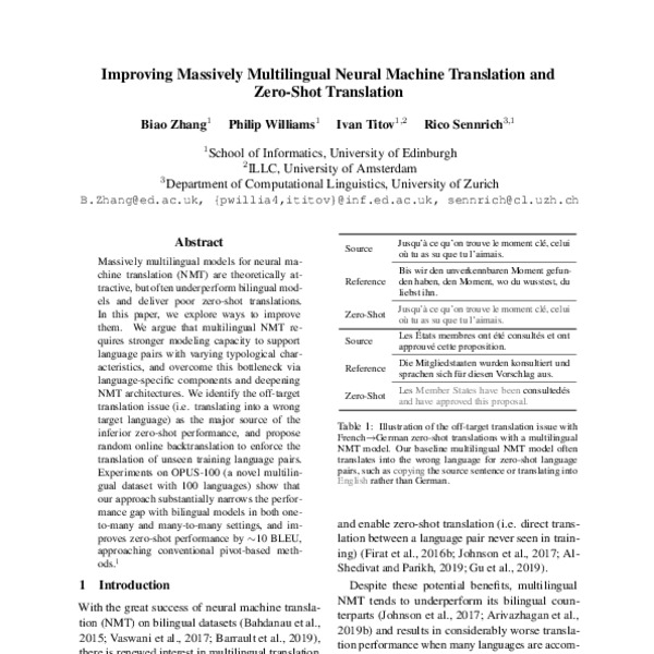 Improving Massively Multilingual Neural Machine Translation And Zero 