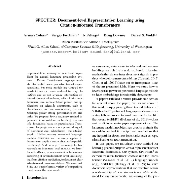 Specter Document Level Representation Learning Using Citation Informed Transformers Acl Anthology