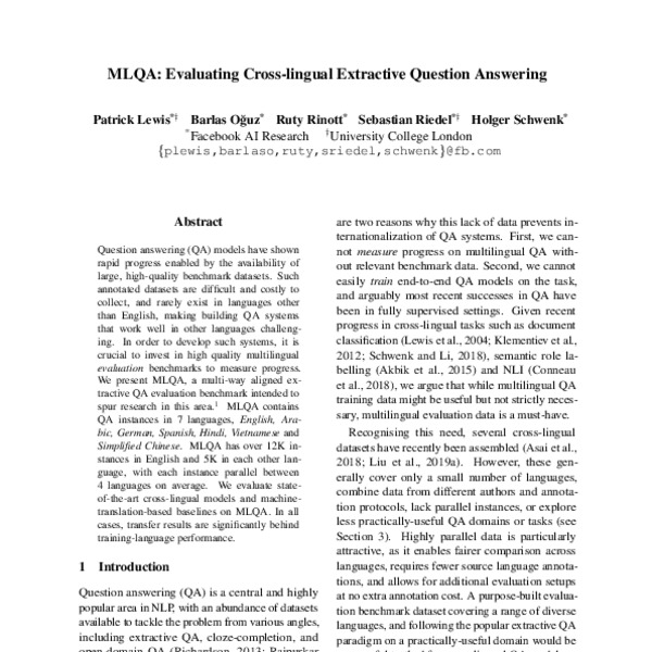 MLQA: Evaluating Cross-lingual Extractive Question Answering - ACL ...