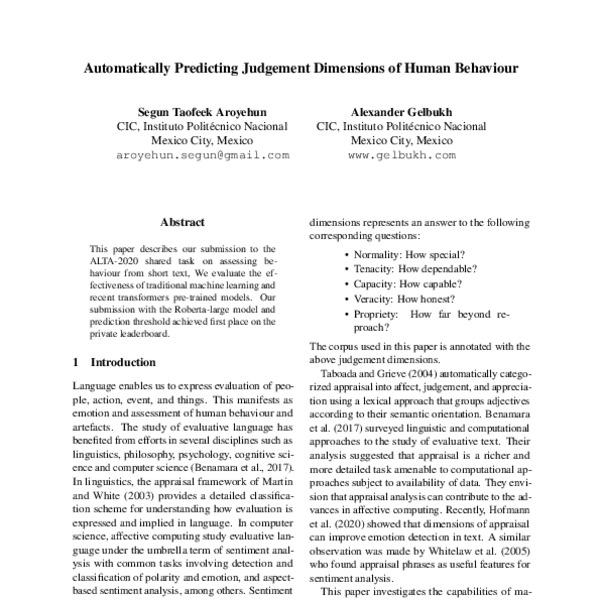 Automatically Predicting Judgement Dimensions of Human Behaviour - ACL ...