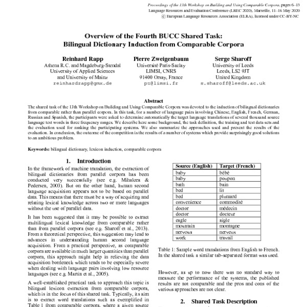 Overview Of The Fourth Bucc Shared Task Bilingual Dictionary Induction From Comparable Corpora Acl Anthology