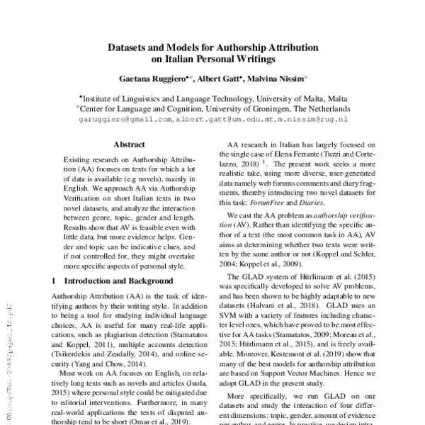 Datasets and Models for Authorship Attribution on Italian Personal ...