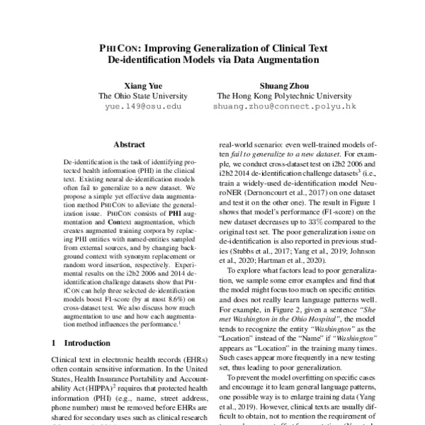 PHICON: Improving Generalization of Clinical Text De-identification ...