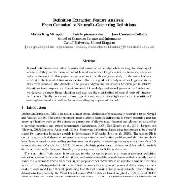 Definition Extraction Feature Analysis: From Canonical to Naturally ...