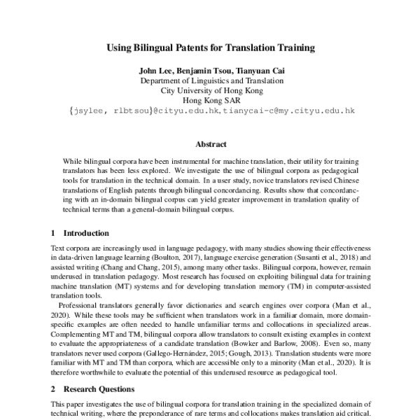 Using Bilingual Patents for Translation Training - ACL Anthology