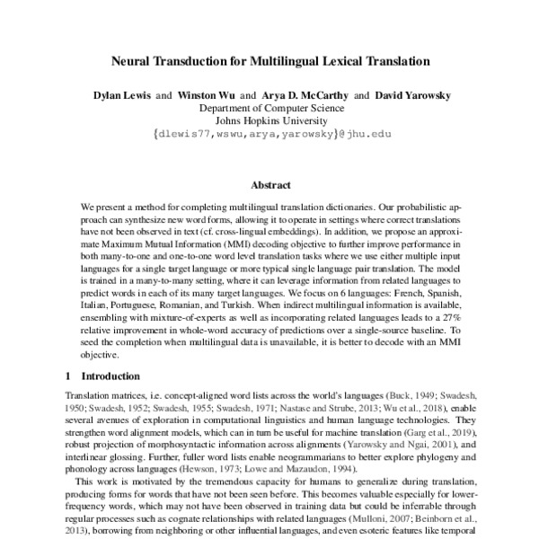 Neural Transduction for Multilingual Lexical Translation - ACL Anthology