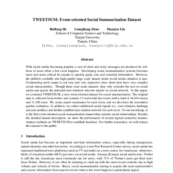 TWEETSUM: Event oriented Social Summarization Dataset - ACL Anthology