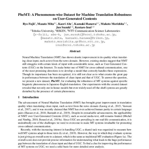 PheMT: A Phenomenon-wise Dataset for Machine Translation Robustness on ...