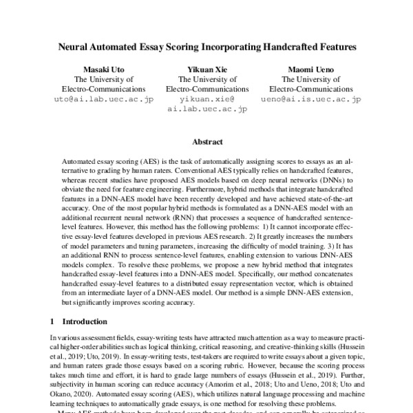 neural automated essay scoring incorporating handcrafted features