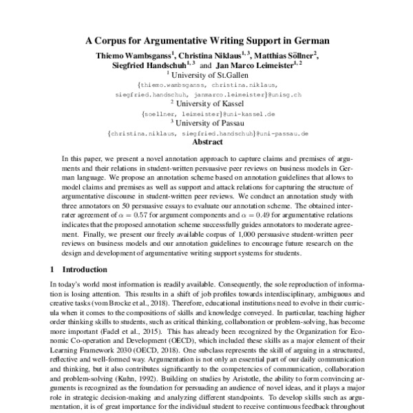 A Corpus for Argumentative Writing Support in German - ACL Anthology
