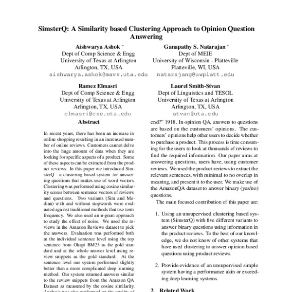 SimsterQ: A Similarity based Clustering Approach to Opinion Question ...