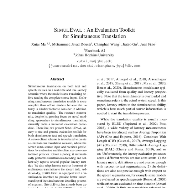 SIMULEVAL: An Evaluation Toolkit for Simultaneous Translation - ACL ...