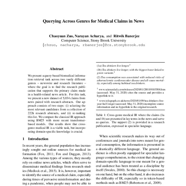 Querying Across Genres for Medical Claims in News ACL Anthology