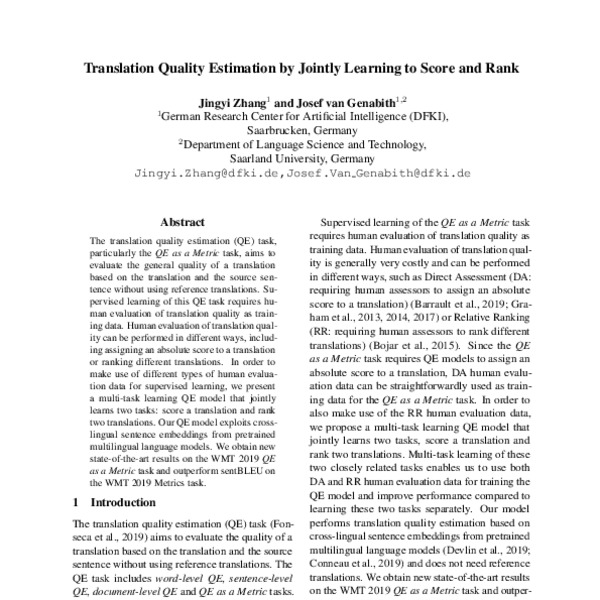 Translation Quality Estimation by Jointly Learning to Score and Rank ...