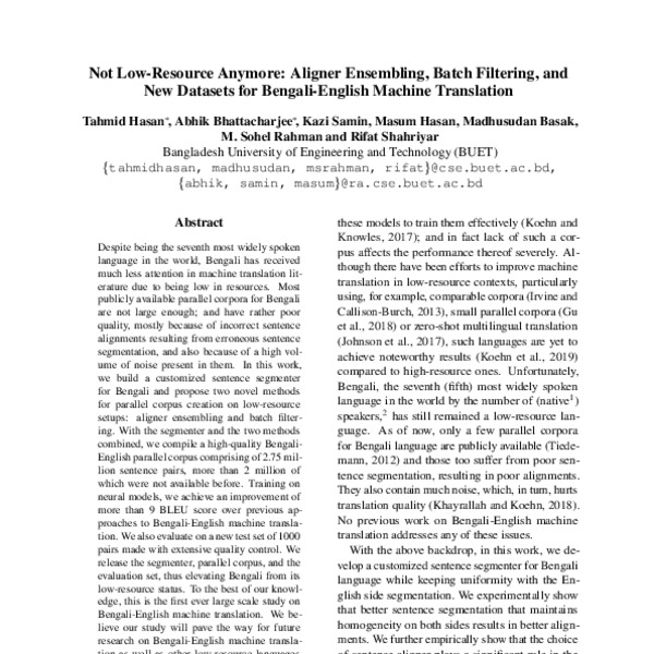 Not LowResource Anymore Aligner Ensembling, Batch Filtering, and New Datasets for Bengali